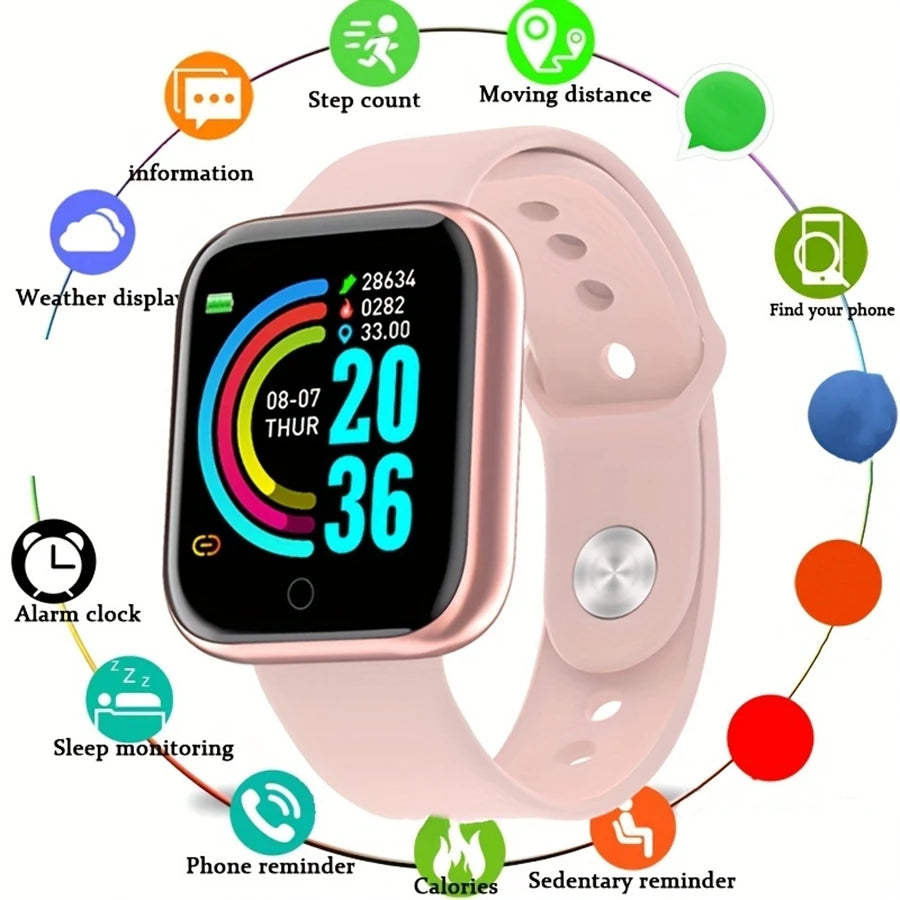 Silver smartwatch for men and women showing digital time, fitness stats, message alerts, and a sleek bracelet design.