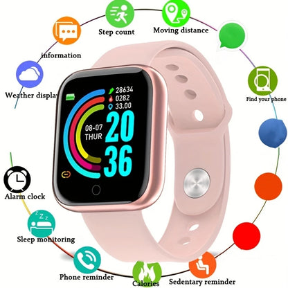 Silver smartwatch for men and women showing digital time, fitness stats, message alerts, and a sleek bracelet design.