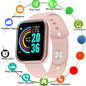 Silver smartwatch for men and women showing digital time, fitness stats, message alerts, and a sleek bracelet design.