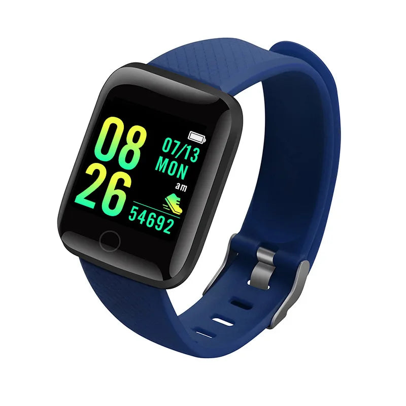 Silver smartwatch for men and women with fitness monitor, message display, and electronic clock compatible with Android and iOS.