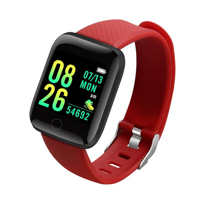 Silver smartwatch for men and women displaying fitness data, message notifications, and a digital clock on a sleek bracelet design.