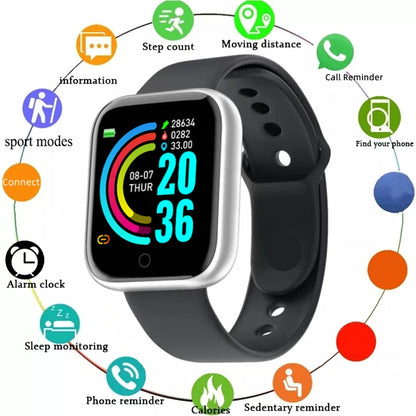 Silver smartwatch for men and women with message notifications, fitness monitor, and electronic clock for Android and iOS devices.