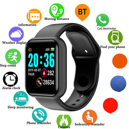 Silver smartwatch for men and women showing digital time, fitness tracking, message notifications, and a sleek electronic design.