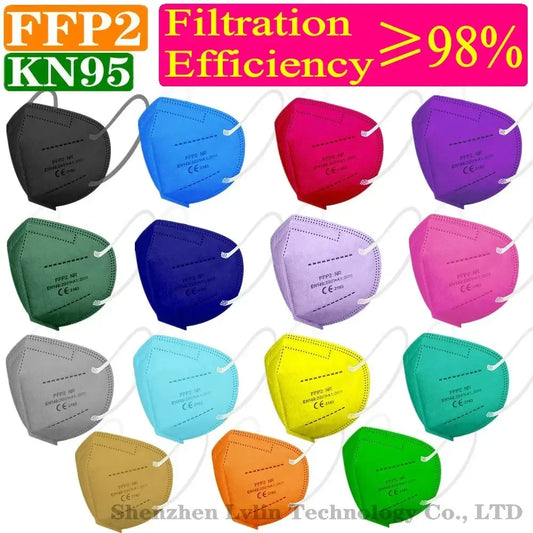 Colorful KN95 FFP2 mask in purple with 5 layers, adult black fabric mask, protective mouth face mask with filter, multi-color options.