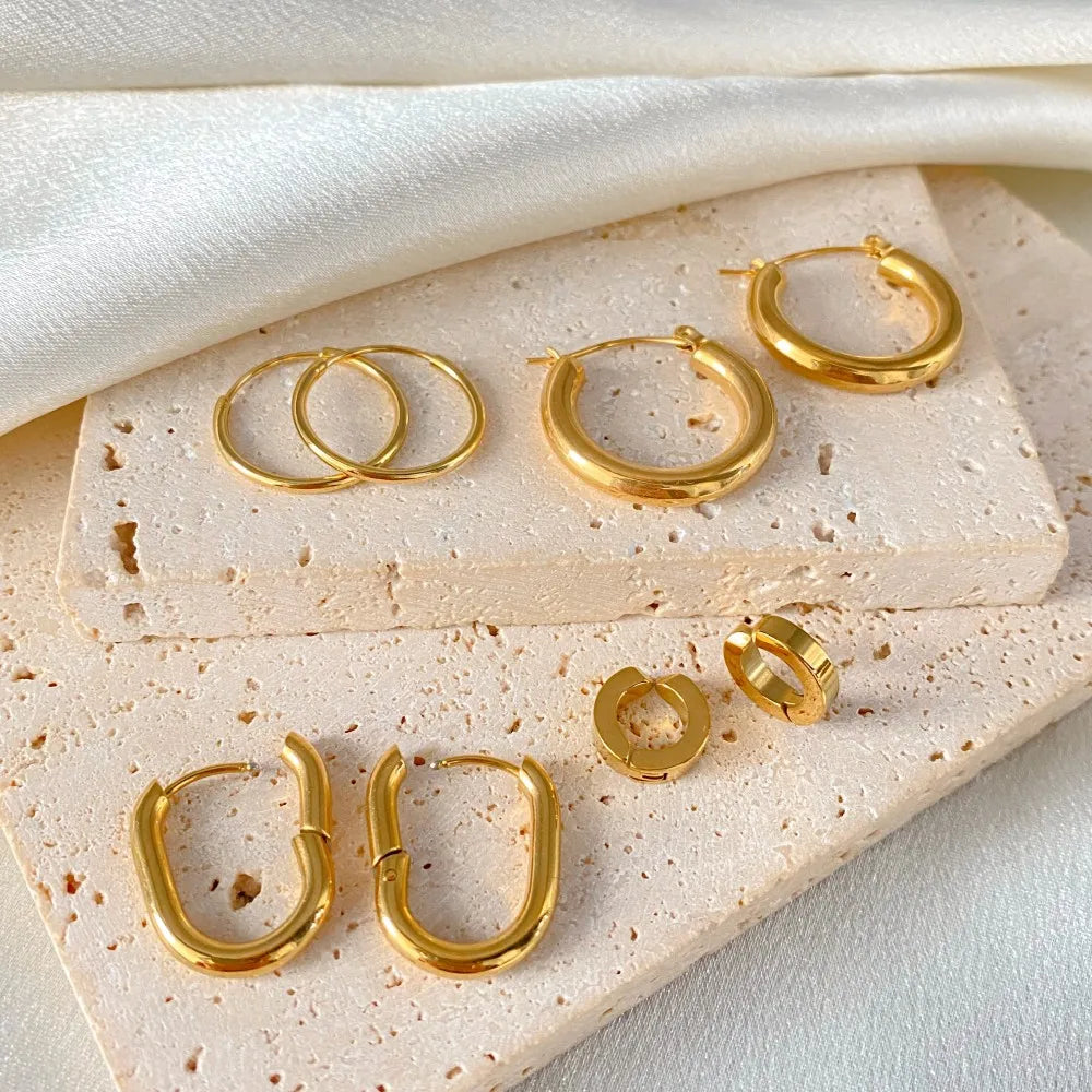 Gold-plated stainless steel large hoop earrings for women, stylish jewelry accessory perfect for Valentine's Day gift.