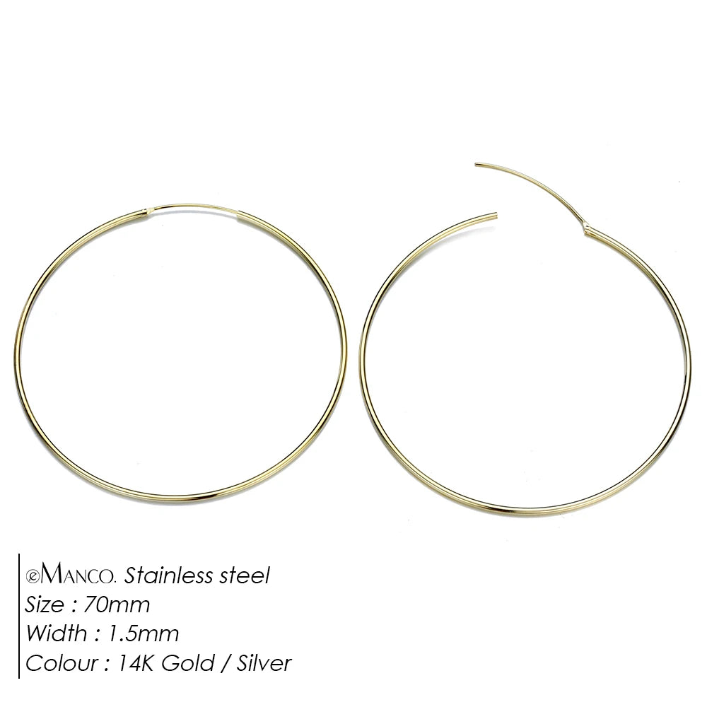 Gold-plated stainless steel large hoop earrings for women, stylish jewelry accessory perfect for Valentine's Day or everyday wear.