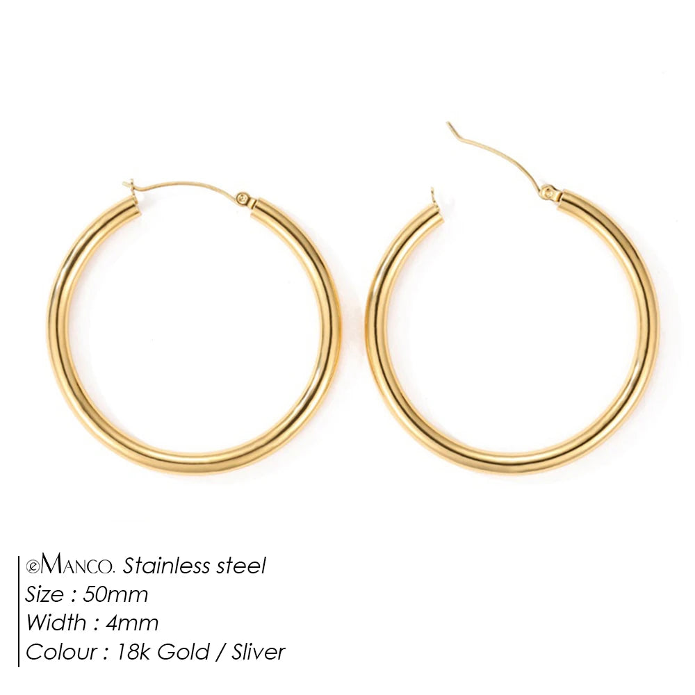Gold-plated stainless steel large hoop earrings for women, stylish jewelry accessory with a classic design, perfect for Valentine's Day.