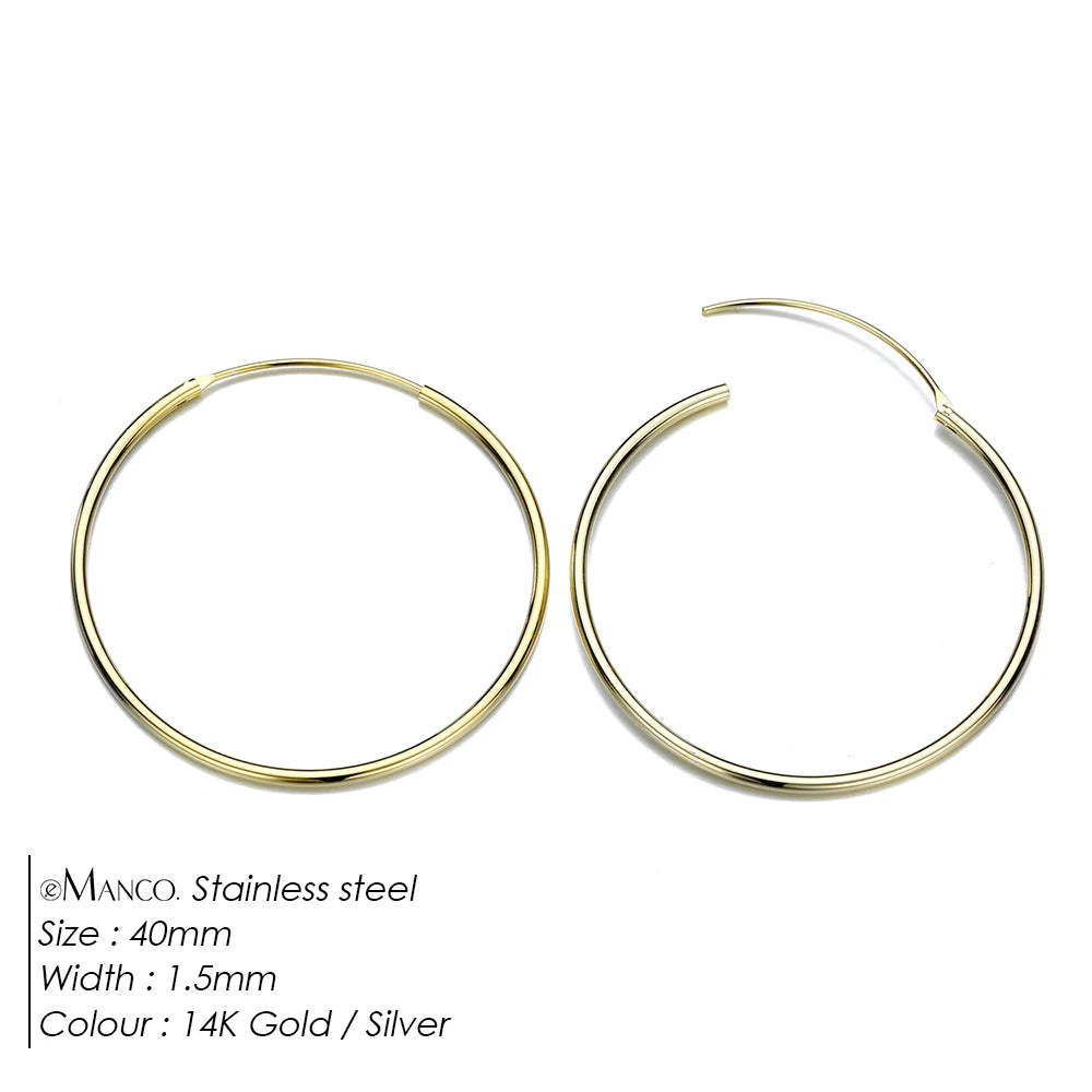 Gold-plated stainless steel large hoop earrings for women, stylish jewelry accessory perfect for Valentine's Day or everyday wear.