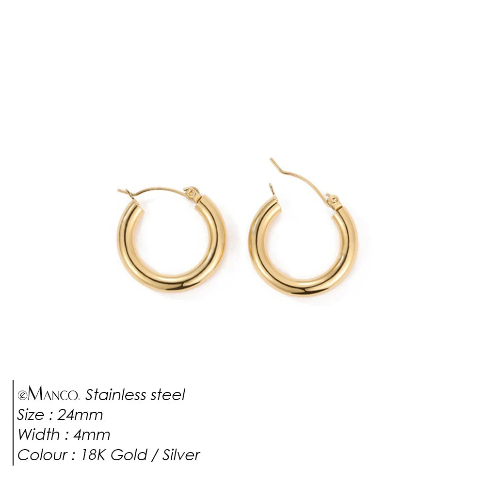 Gold-plated stainless steel large hoop earrings for women, stylish jewelry accessory perfect for Valentine's Day or everyday wear.