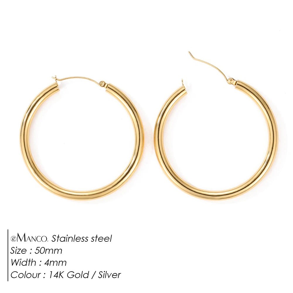Gold-plated stainless steel large hoop earrings for women, stylish jewelry accessory perfect for Valentine's Day gift.