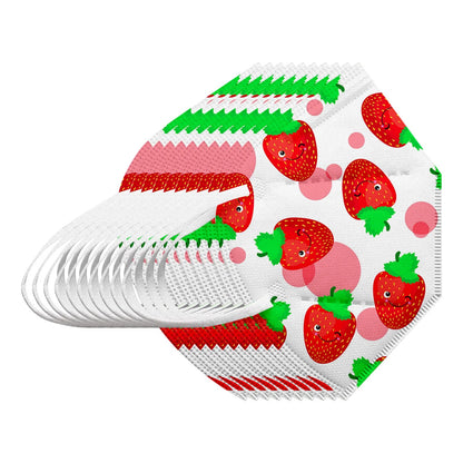 Set of 10 children's KN95 masks with fruit rainbow and strawberry prints, 5-layer protection, designed for daily outdoor use.