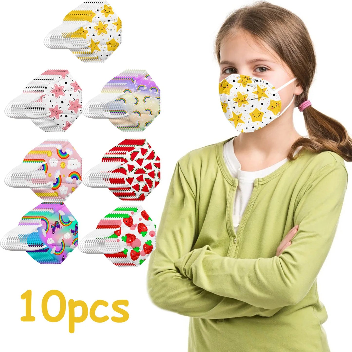 Set of 10 children's KN95 masks featuring colorful fruit and rainbow prints, 5-layer protection, and a cute strawberry design.