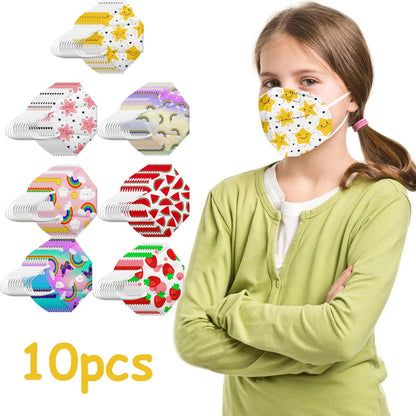 Set of 10 children's KN95 masks featuring colorful fruit and rainbow prints, 5-layer protection, and a cute strawberry design.