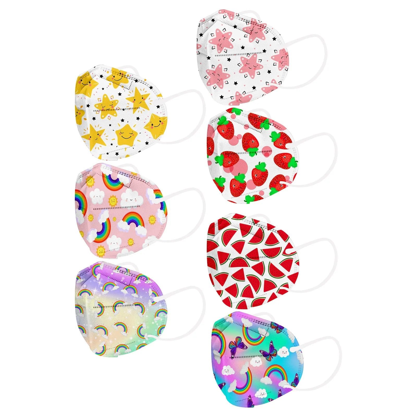 Set of 10 children's KN95 masks with fruit rainbow print, 5-layer protection, featuring strawberries, for daily outdoor use.