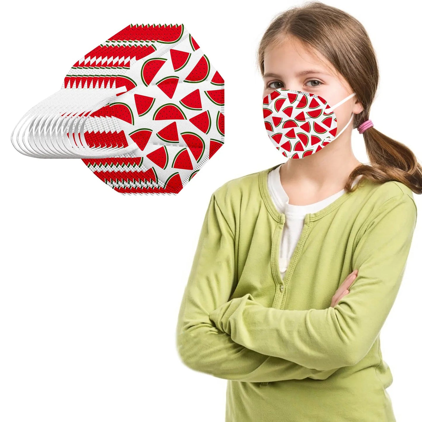 Children's KN95 masks in fruit rainbow print, 10-pack, 5-layer protection, cute outdoor mask with strawberry design.