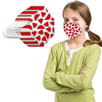 Children's KN95 masks in fruit rainbow print, 10-pack, 5-layer protection, cute outdoor mask with strawberry design.