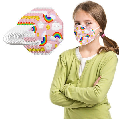 Set of 10 children's KN95 masks with colorful fruit rainbow print, 5-layer protection, featuring cute strawberry design for outdoor wear.