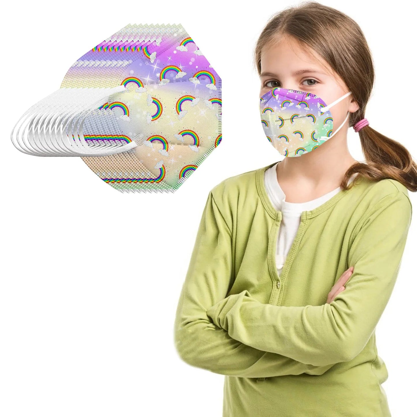 Children's KN95 masks in fruit rainbow design, 10-pack with 5-layer protection, featuring cute strawberry print for outdoor use.