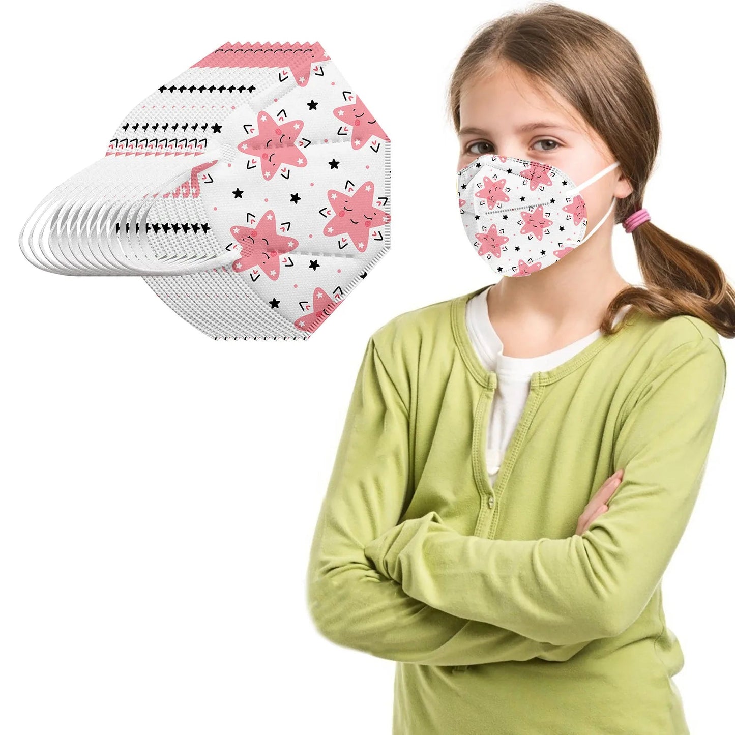 Set of 10 children's KN95 masks featuring colorful fruit rainbow and strawberry prints, 5-layer protective masks for daily outdoor use.