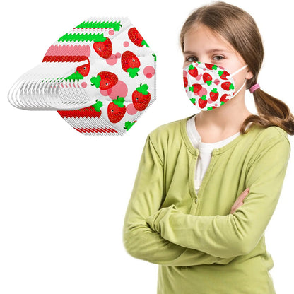 Set of 10 children's KN95 masks with fruit rainbow and strawberry prints, 5-layer protection, designed for outdoor daily use.