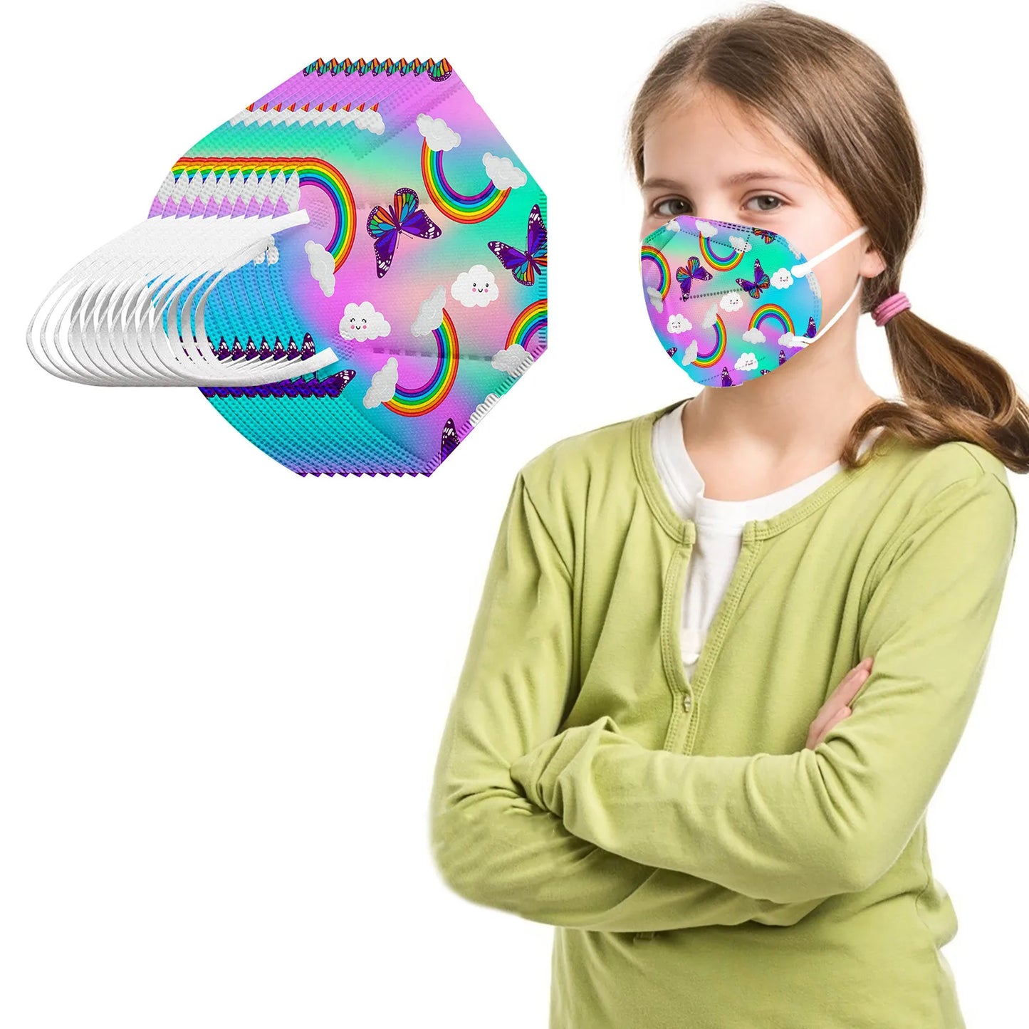 Set of 10 children's KN95 masks with fruit rainbow and strawberry prints, 5-layer protective masks for outdoor and daily use