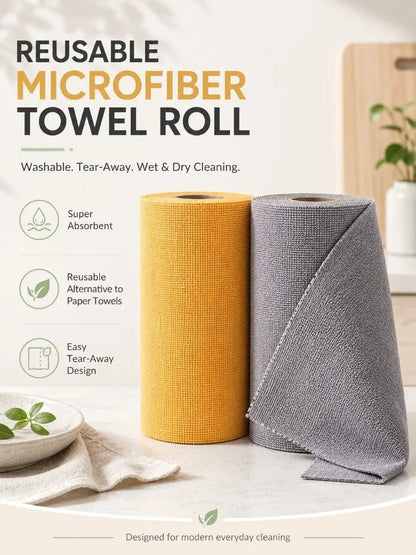 Yellow and grey reusable microfiber cleaning cloths on a roll, ideal for kitchen counters, dishwashing, and heavy-duty degreasing.