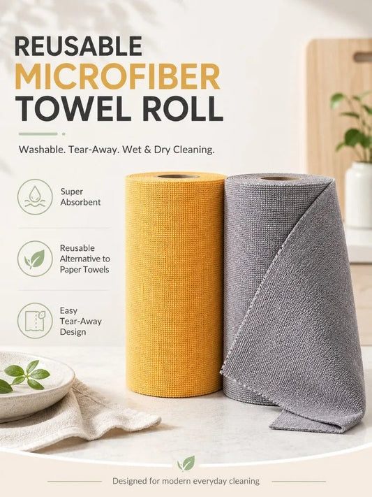 Yellow and grey reusable microfiber cleaning cloths on a roll, ideal for kitchen counters, dishwashing, and heavy-duty degreasing.