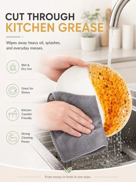 Yellow and grey reusable microfiber cleaning cloths on a roll, ideal for kitchen counters, heavy-duty degreasing, and dishwashing.