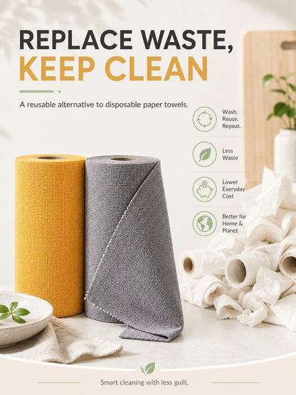 Yellow and grey reusable microfiber cleaning cloths on a roll, ideal for kitchen counters, dishwashing, and heavy-duty degreasing.