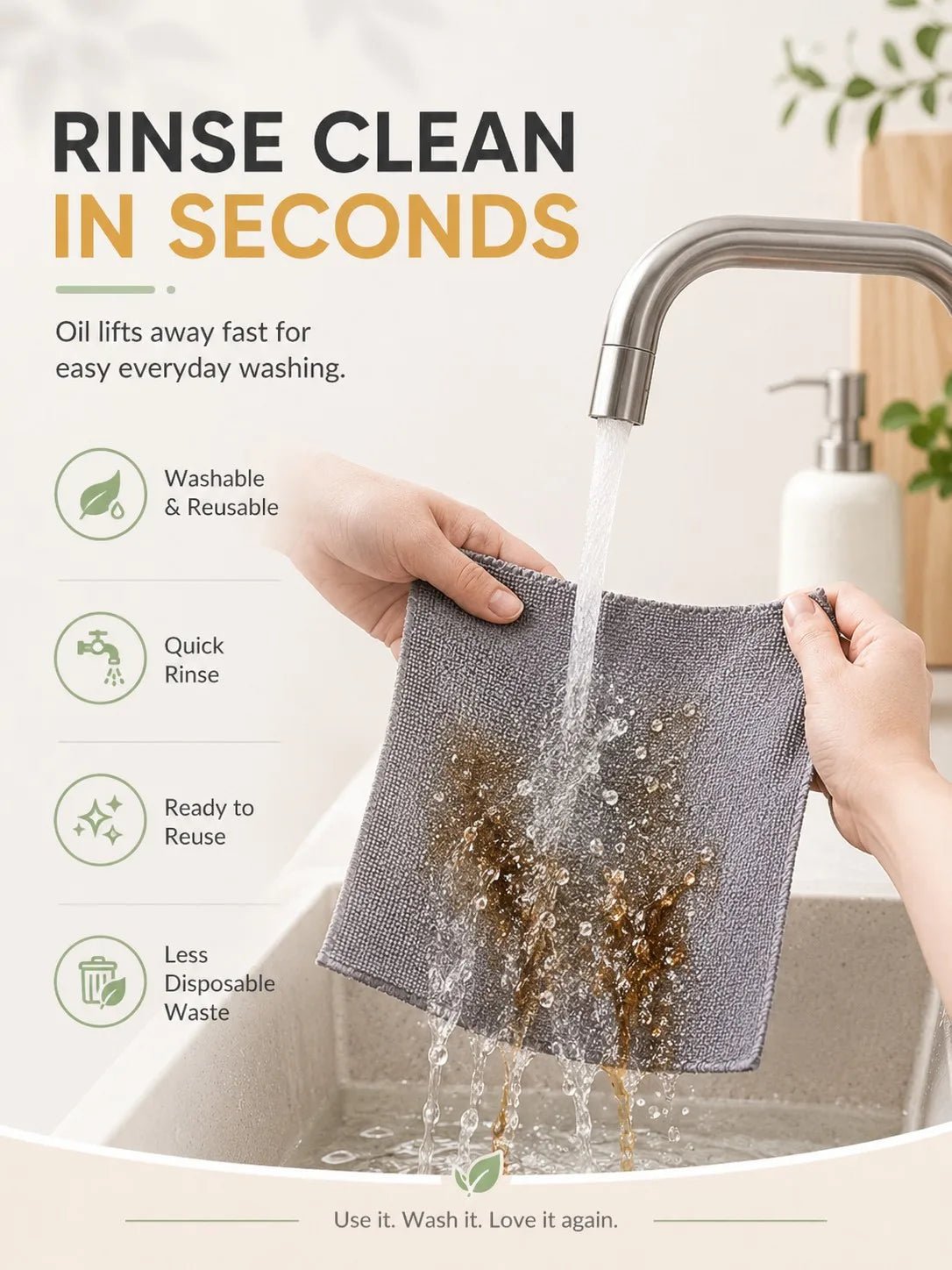 Yellow and grey reusable microfiber cleaning cloths on a roll, ideal for kitchen counters, heavy-duty degreasing, and dishwashing.