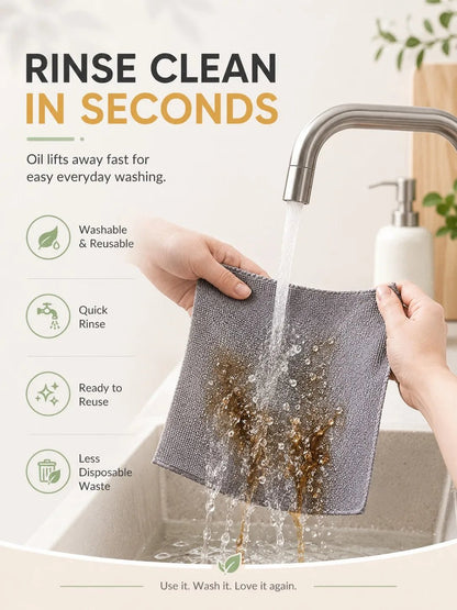 Yellow and grey reusable microfiber cleaning cloths on a roll, ideal for kitchen counters, heavy-duty degreasing, and dishwashing.