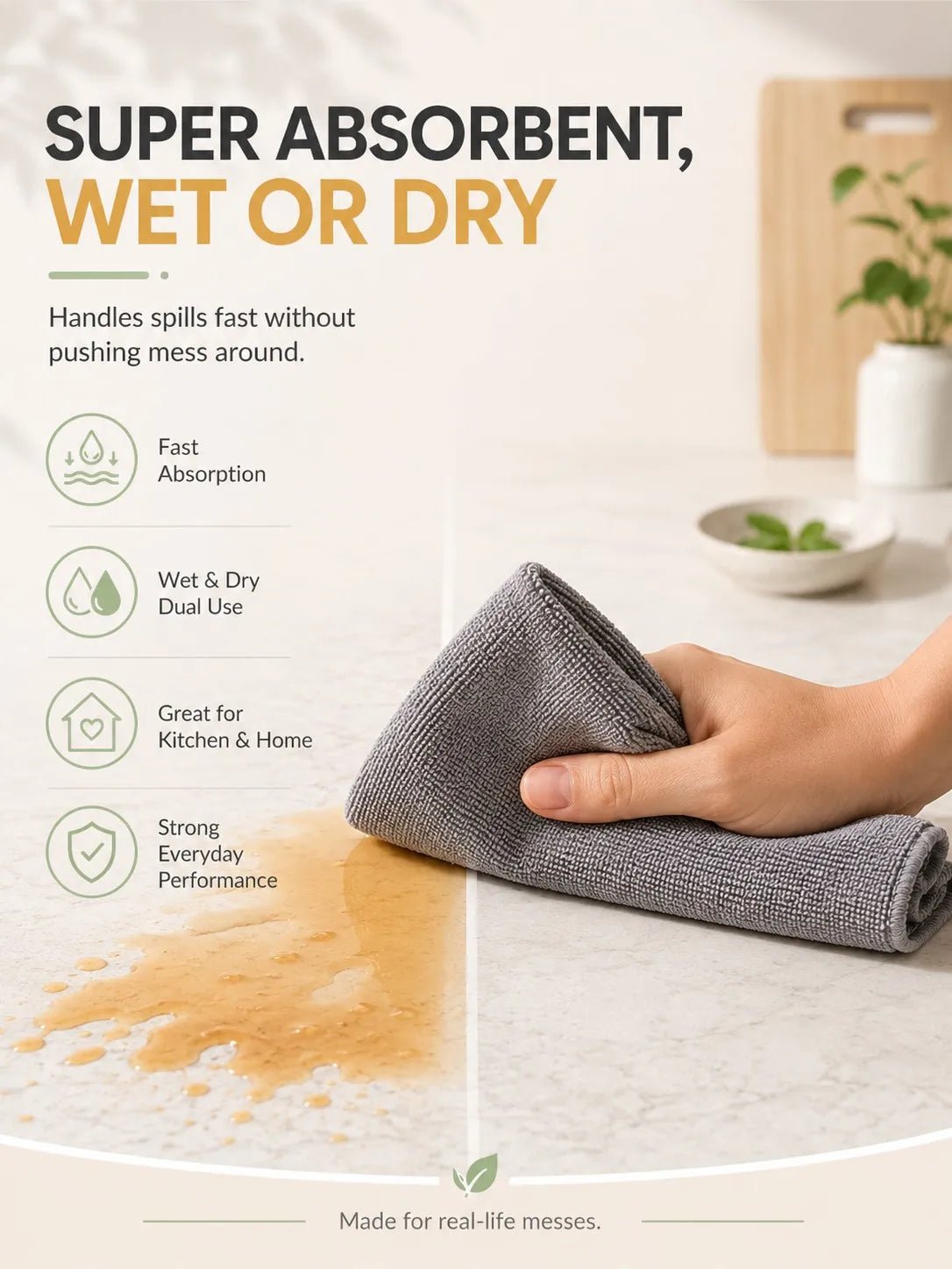 Yellow and grey reusable microfiber cleaning cloths on a roll, heavy-duty dishwashing and degreasing for kitchen counters.