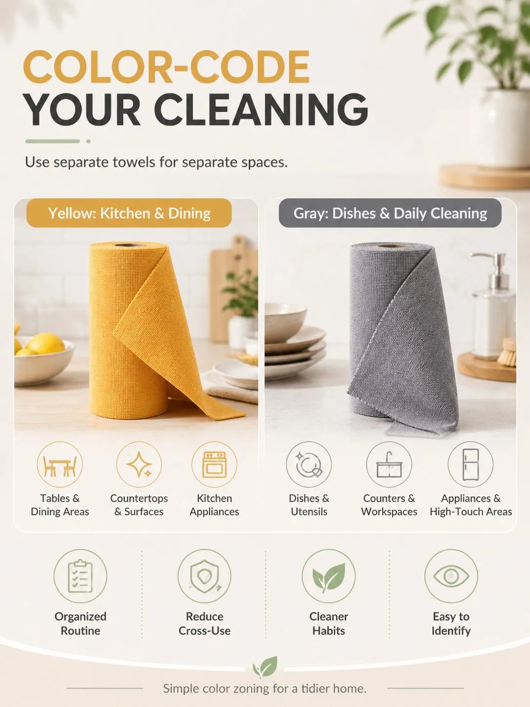 Yellow and grey reusable microfiber cleaning cloths from BACKUPMYFILESNOW.COM®, tear-away roll for kitchen counters and heavy-duty degreasing.