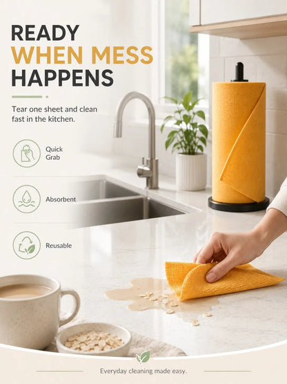 Yellow and grey reusable microfiber paper towels roll from BACKUPMYFILESNOW.COM, ideal for kitchen cleaning and heavy-duty degreasing.