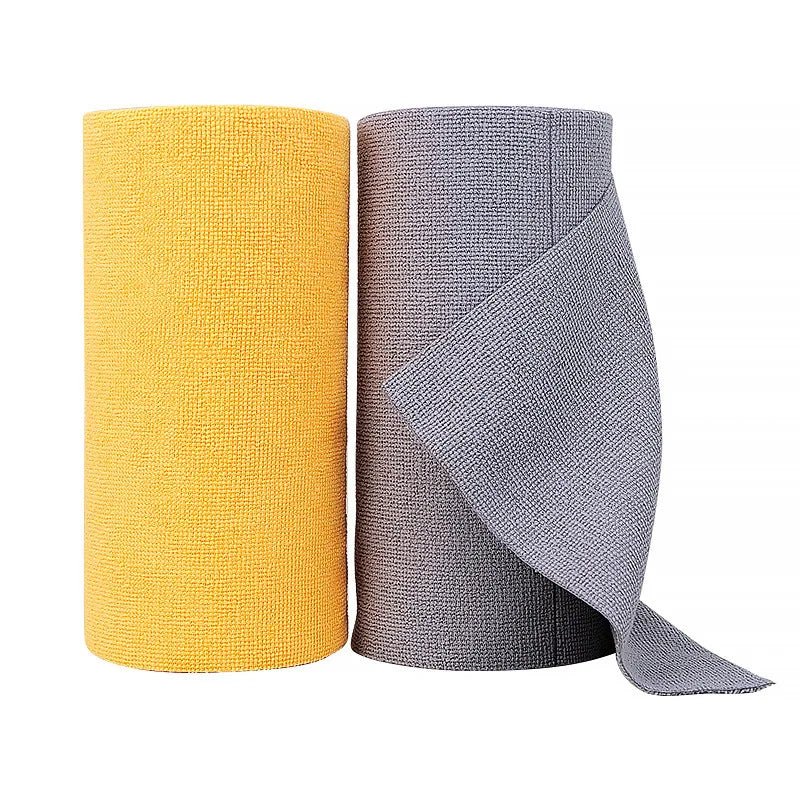 Yellow and grey reusable microfiber cleaning cloths from BACKUPMYFILESNOW.COM®, tear-away roll for kitchen counters and heavy-duty degreasing.