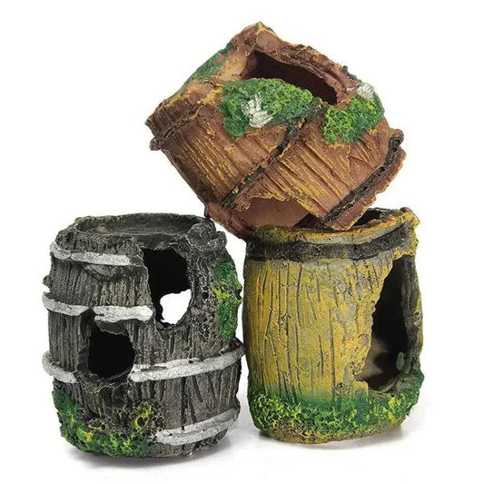 Artificial antique barrel decoration for fish tanks, made of resin, enhances aquarium landscaping with a vintage look.