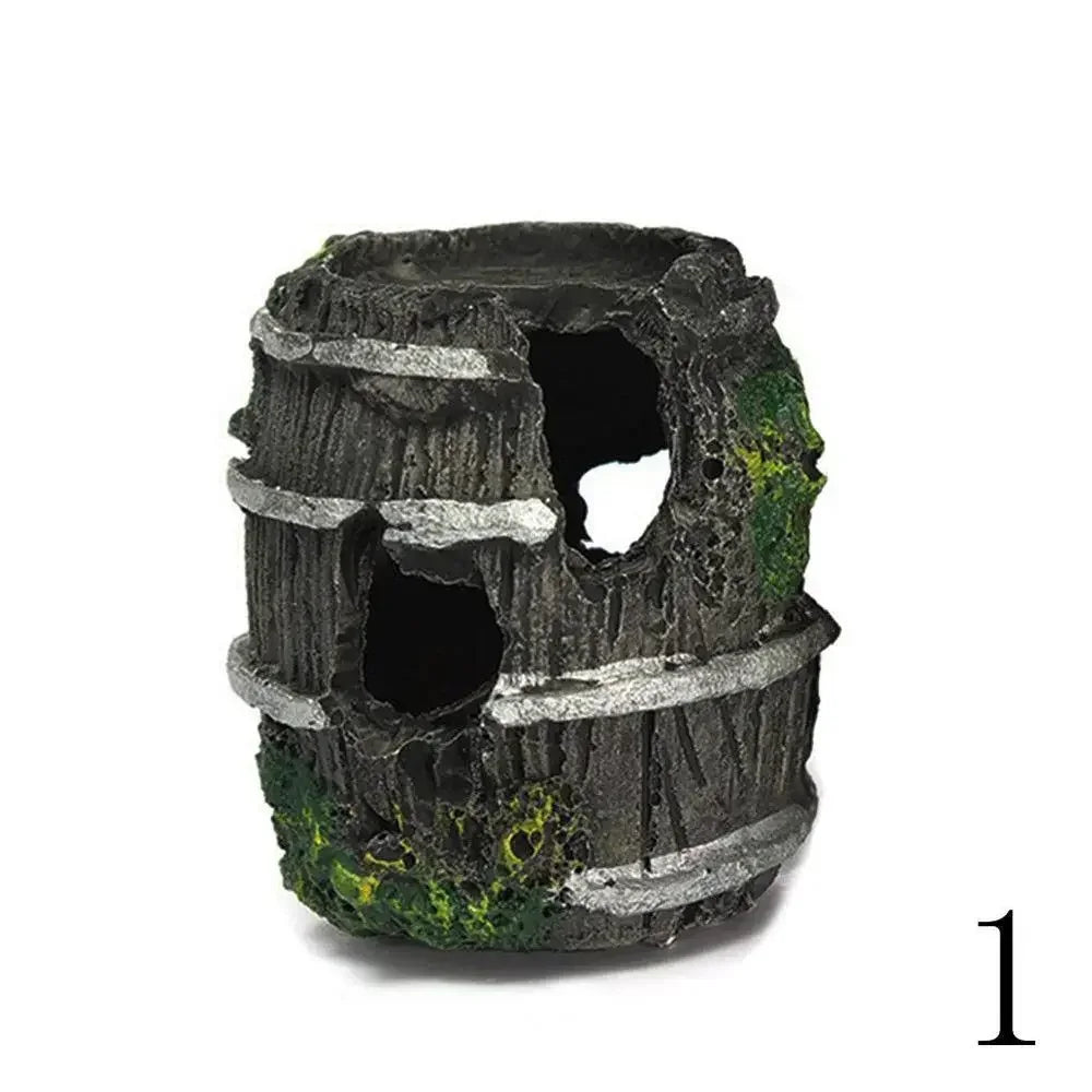 Artificial antique resin barrels for aquarium decoration, glass fish tank landscaping accessory with realistic craft details.