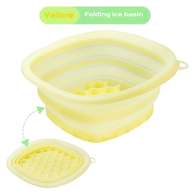 Yellow collapsible silicone face ice bath tray for cold facial therapy, portable cryo skin tool for reducing puffiness.