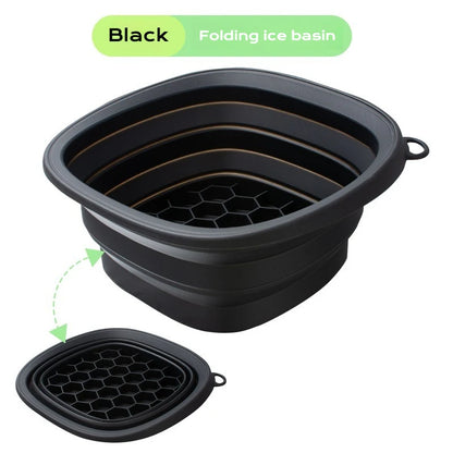 Yellow collapsible silicone face ice bath tray for cold therapy, facial puffiness relief, portable cryo skin tool, travel beauty bowl.