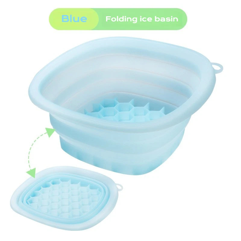 Yellow collapsible silicone face ice bath tray for cold therapy, facial puffiness relief, portable cryo skin tool, travel beauty bowl