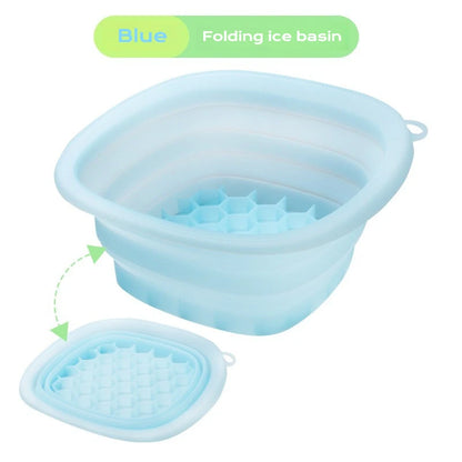 Yellow collapsible silicone face ice bath tray for cold therapy, facial puffiness relief, portable cryo skin tool, travel beauty bowl
