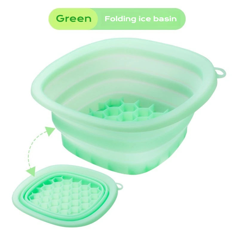 Yellow collapsible silicone face ice bath tray for cold therapy, facial puffiness, portable cryo skin tool, travel beauty bowl.