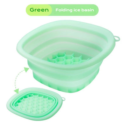 Yellow collapsible silicone face ice bath tray for cold therapy, facial puffiness, portable cryo skin tool, travel beauty bowl.