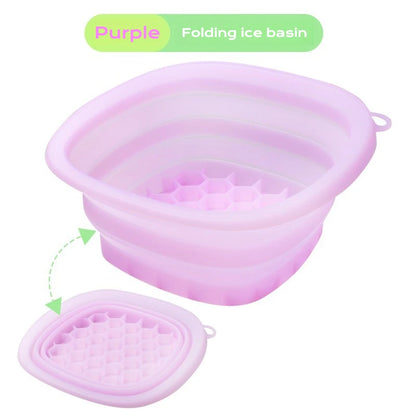 Yellow collapsible silicone face ice bath tray for cold therapy, portable cryo skin tool for facial puffiness and travel skincare use.