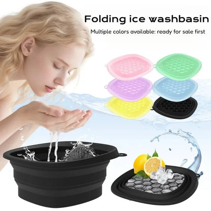 Yellow collapsible silicone face ice bath tray for cold therapy, facial puffiness relief, portable cryo skin tool, travel beauty bowl.