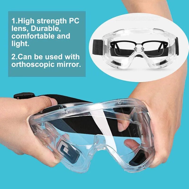Clear lens safety goggles by BACKUPMYFILESNOW.COM® with yellow anti-splash dust-proof eye protection for lab and industrial work.