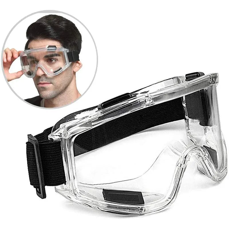 Clear lens safety goggles by BACKUPMYFILESNOW.COM® with yellow frame, anti-splash dust-proof design for lab and industrial eye protection.