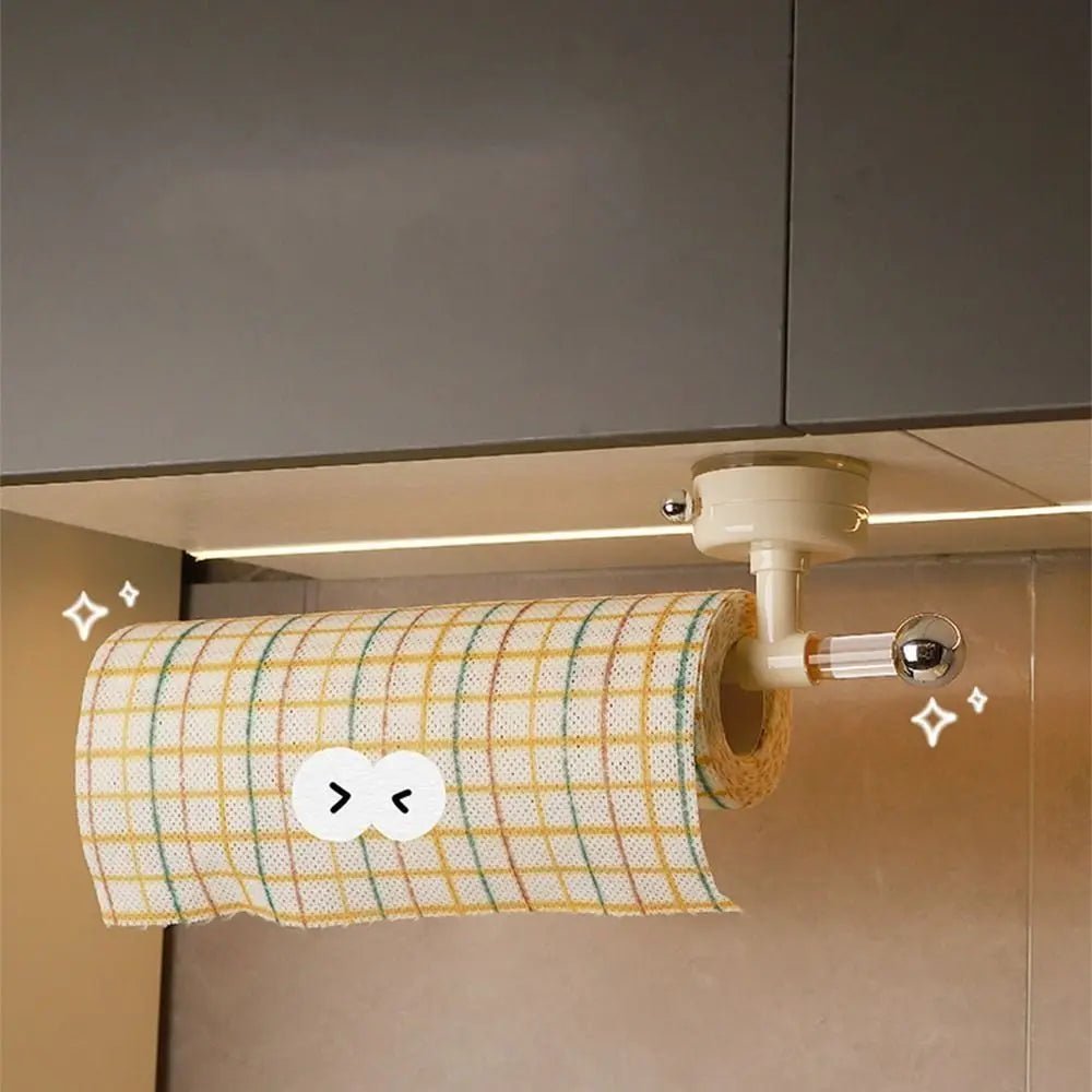 Yellow suction cup paper towel holder mounted on wall, reusable, waterproof, space-saving, no-drilling tissue roll holder by BACKUPMYFILESNOW.COM®
