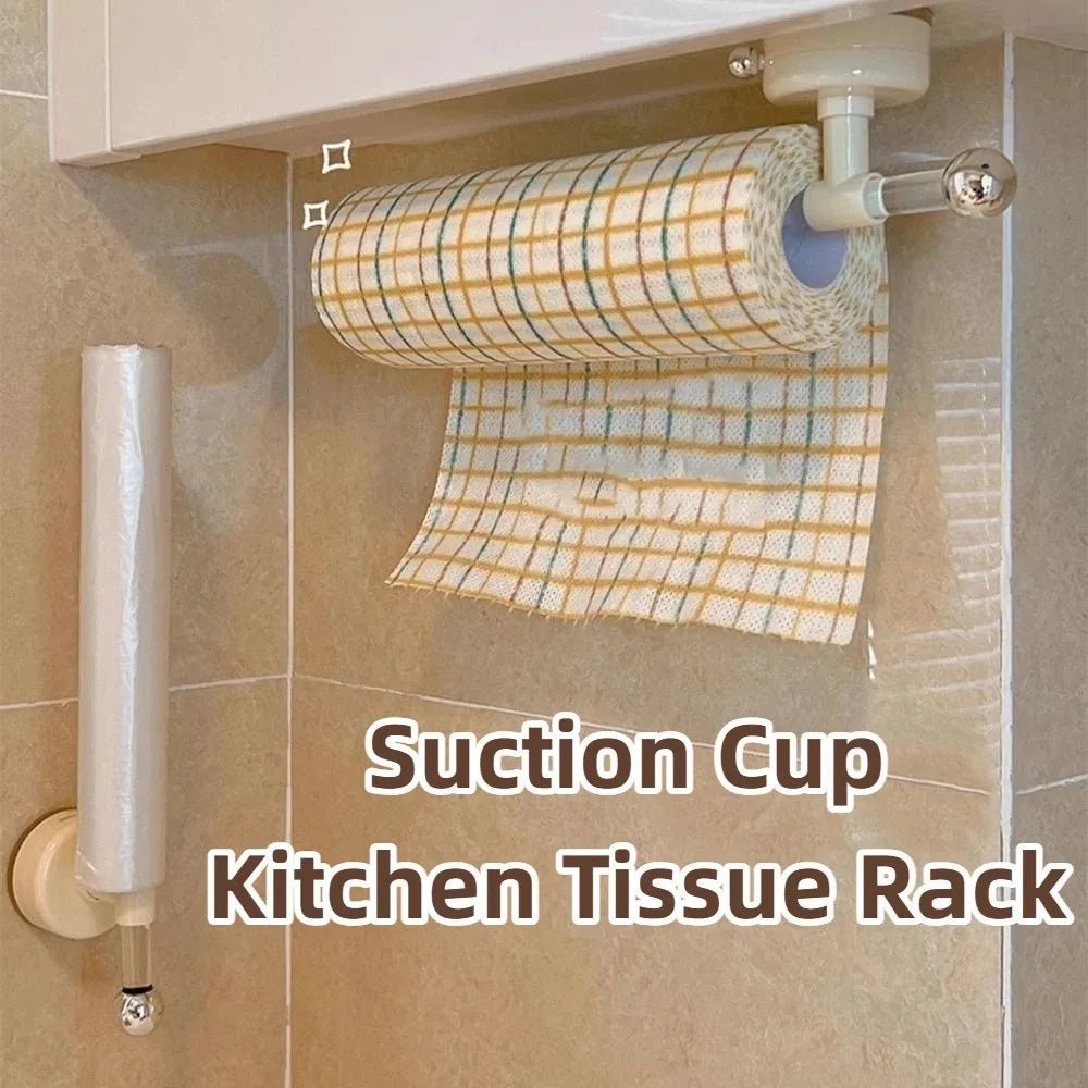 Yellow wall-mounted suction cup paper towel holder, reusable waterproof roll holder with space-saving design, no drilling needed.