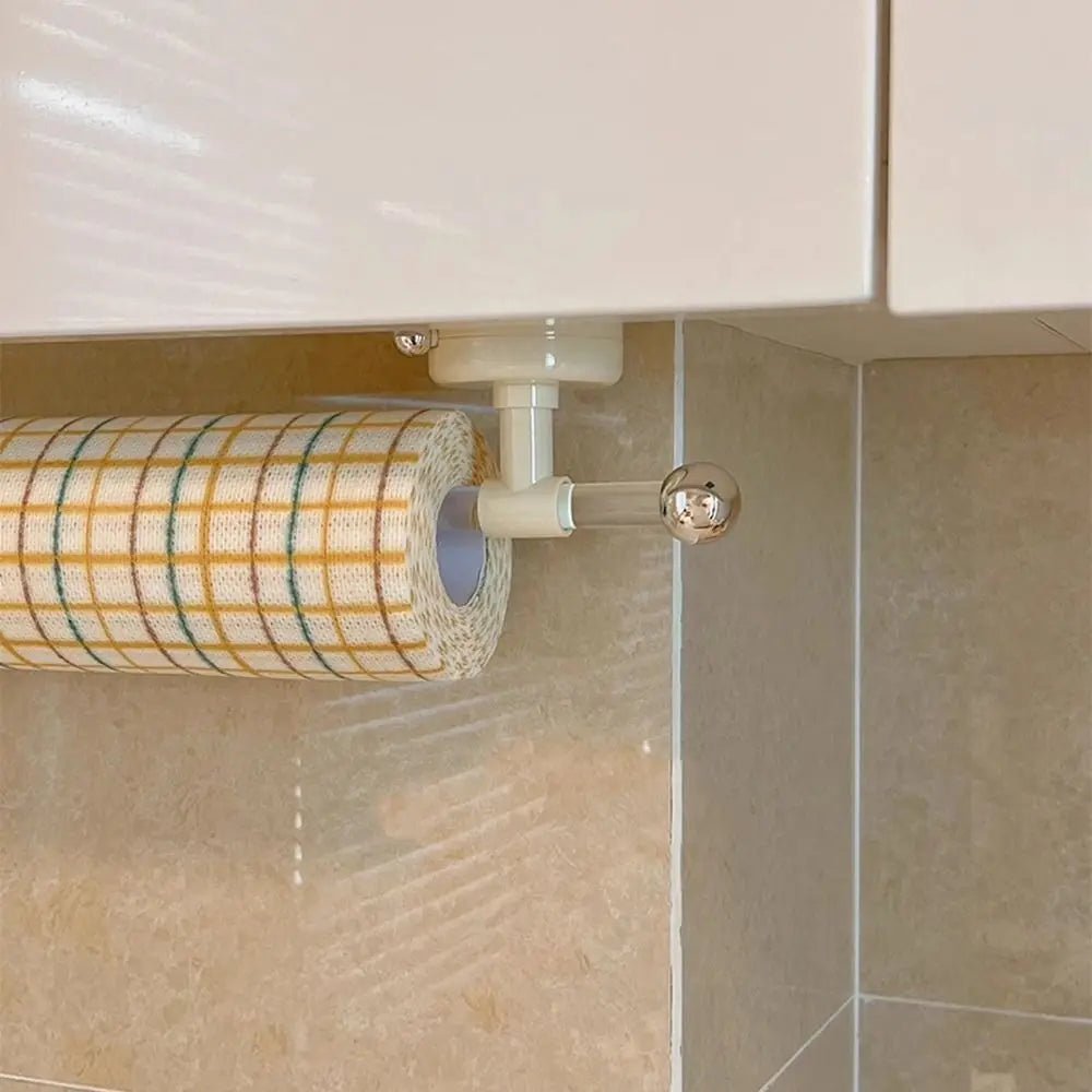 Yellow wall-mounted suction cup paper towel holder by BACKUPMYFILESNOW.COM®, reusable, waterproof, space-saving tissue roll holder.